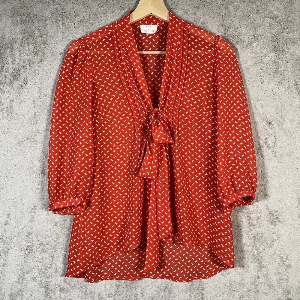 Pins and Needles Tie Neck Blouse S Sheer Chiffon Pintuck Parisian Chic Romantic - Picture 3 of 13